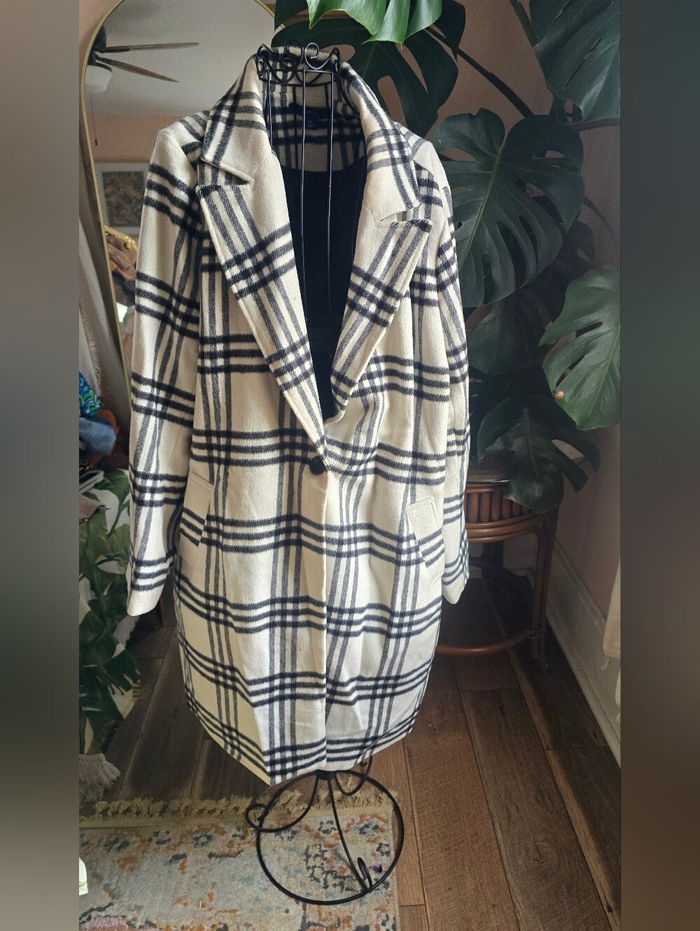 Apt 9 Cream Black Plaid Single Button Notched Lapel Car Coat Overcoat XL